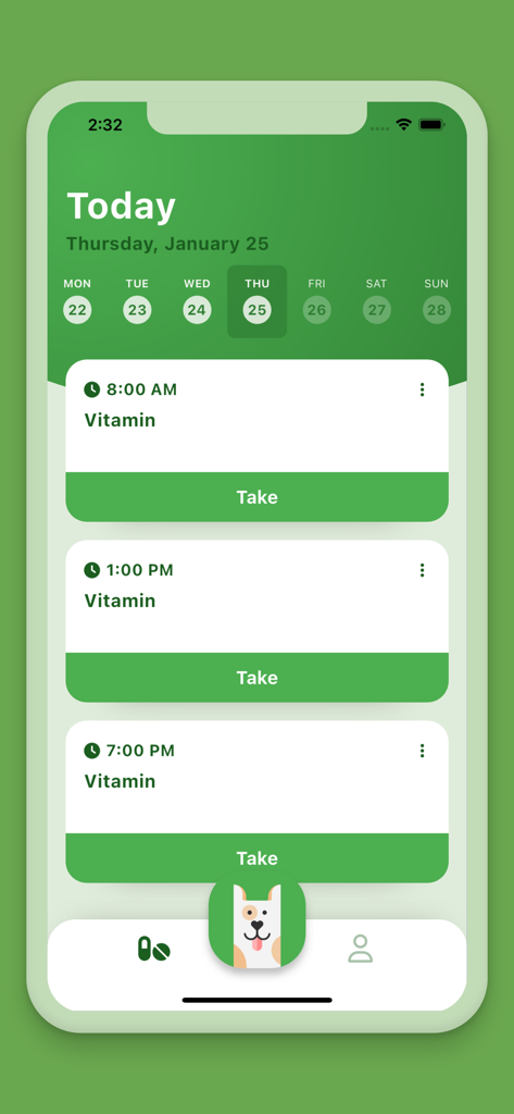 Max - Pill reminder - Interface of Max Pill Reminder app showing daily vitamin schedule with a friendly dog mascot