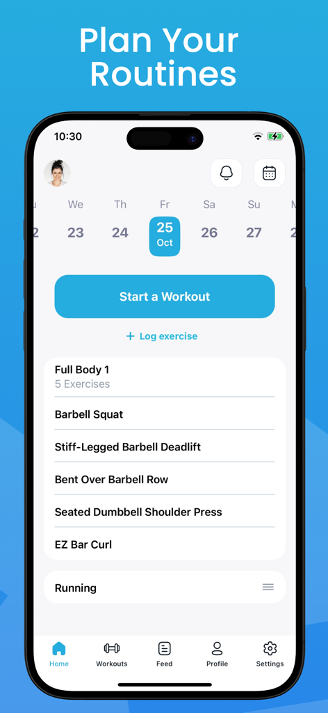 Fitlist app home screen displaying a planned full body workout routine and a workout calendar
