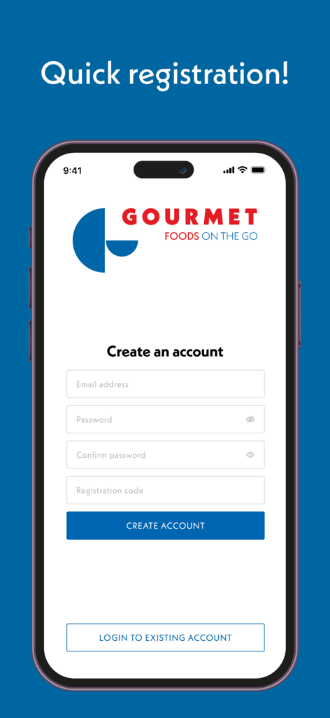 Gourmet Foods app registration interface on a smartphone
