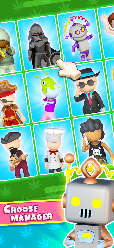 Weed Inc 420: Blaze & Trade - Ein Auswahlbildschirm in Weed Inc 420 mit verschiedenen Charakteren zur Auswahl als Manager