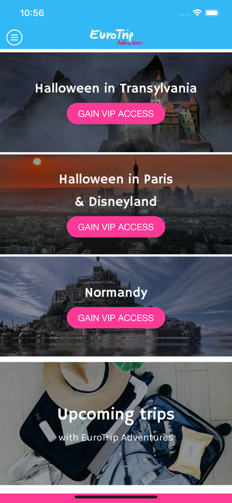 EuroTrip Adventures - EuroTrip Adventures mobile App-Oberfläche, die eine Liste bevorstehender Touren wie Transsilvanien und Paris mit Schaltflächen für den VIP-Zugang zeigt