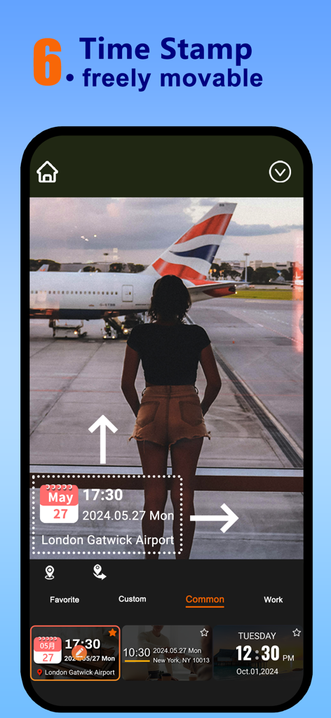 Movable date and location timestamp on a travel photo at an airport.