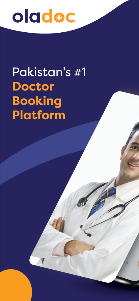 oladoc - the health app - oladoc app intro screen showing a smiling doctor and the text Pakistan's number one doctor booking platform