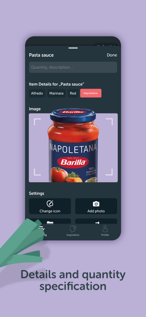 Pantalla móvil que muestra detalles del artículo y especificación de cantidad para salsa de pasta con una foto del producto subida