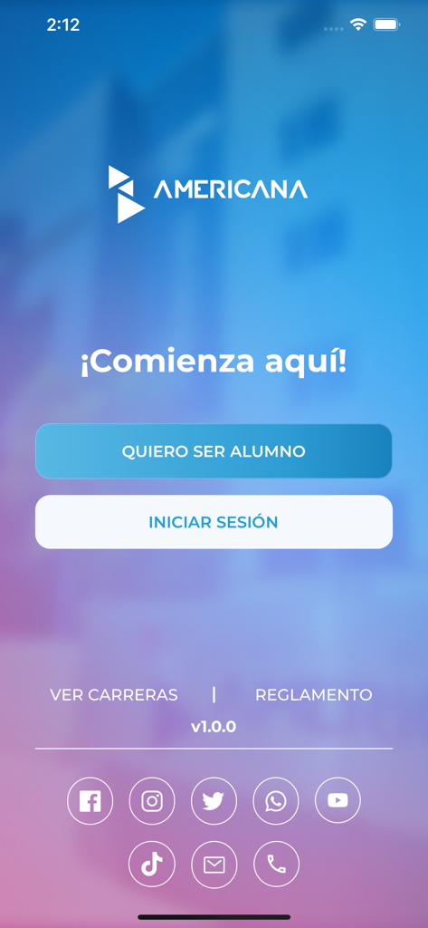 Universidad Americana용 UA now 모바일 앱 환영 화면, 로그인 및 등록 옵션 포함