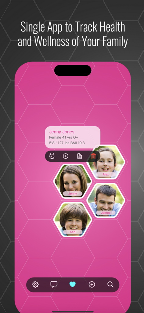 Capzule app interface displaying health and wellness profiles for multiple family members