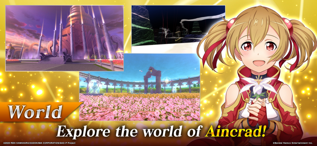 Character Koharu and scenic landscapes from the world of Aincrad in Sword Art Online Integral Factor.