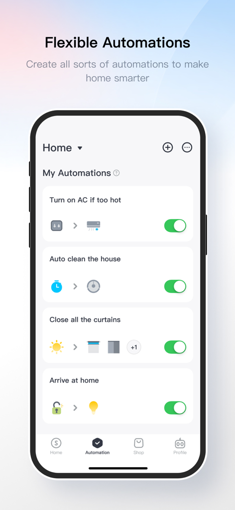 SwitchBot - SwitchBot app interface showing flexible smart home automation routines for AC, vacuuming, and curtains.