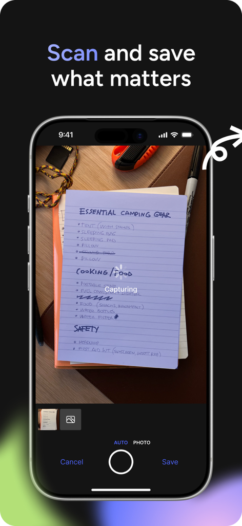 Smartphone screen showing the Evernote app scanning a handwritten camping checklist