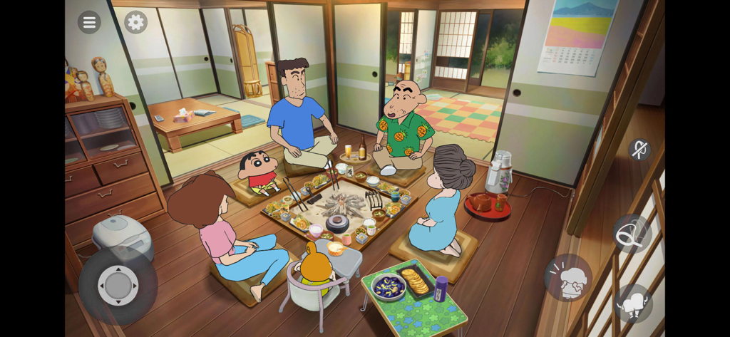 Shin chan: Shiro & Coal Town - Shin-chan e la sua famiglia riuniti attorno a un tradizionale focolare giapponese incassato per cena all'interno di una casa di campagna.