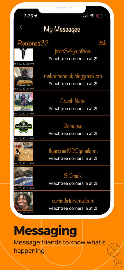 ATH - Pickup Basketball App - The messaging interface of the ATH pickup basketball app for coordinating games with other players.
