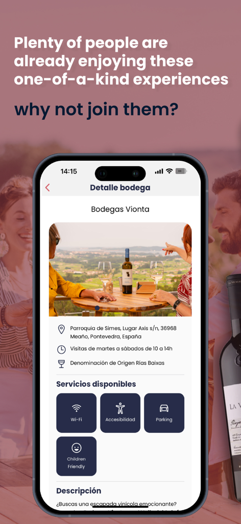 Interfaz de la aplicación Enolovers que muestra los detalles de la bodega Bodegas Vionta en España, incluidos servicios y ubicación