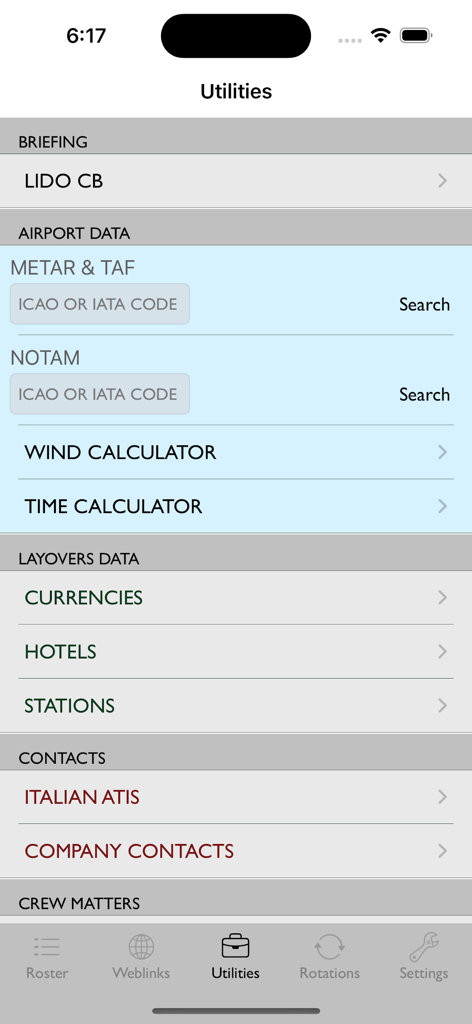 EasyRoster app utilities screen featuring METAR and TAF search, wind calculator, and layover logistics for flight crews.