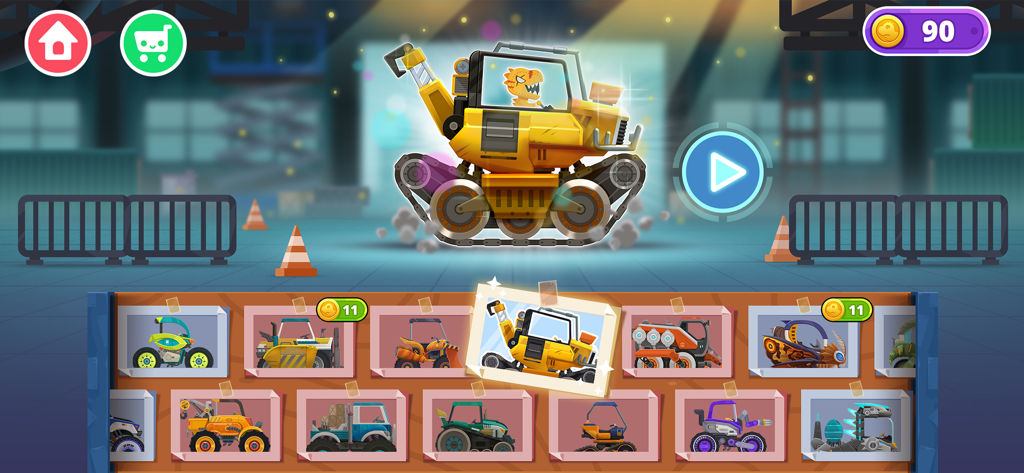 Monster Truck Games kids - Garagenbildschirm in einem Monstertruck-Spiel für Kinder, der verschiedene bunte Fahrzeuge zur Auswahl zeigt.