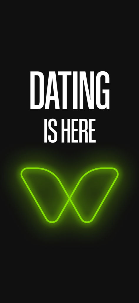 A black screen with the white text DATING IS HERE and a glowing green neon butterfly logo for the Twinby app.
