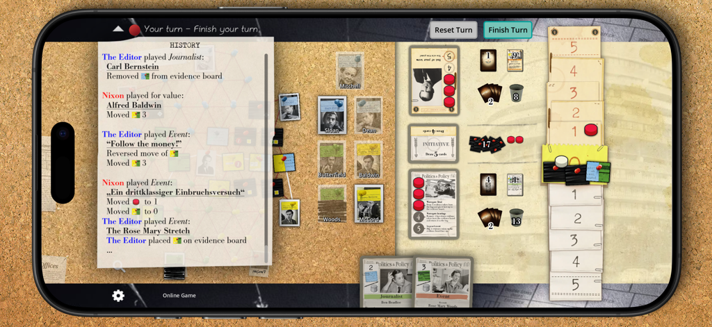 Digital interface of Watergate board game showing the evidence board and historical figure cards.