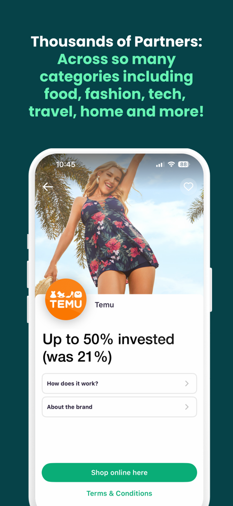 Raiz Rewards Browser Extension - Interfaz de la aplicación Raiz Rewards que muestra una oferta de recompensa de inversión de Temu del cincuenta por ciento de reembolso