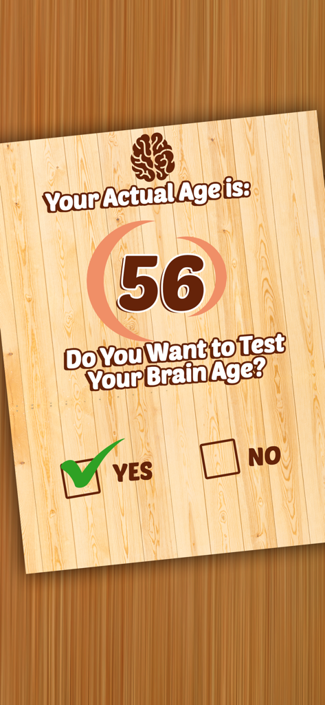 Wood Blast - Wood Block Puzzle - Wood Blast brain age test screen displaying a result of age 56 on a wood background