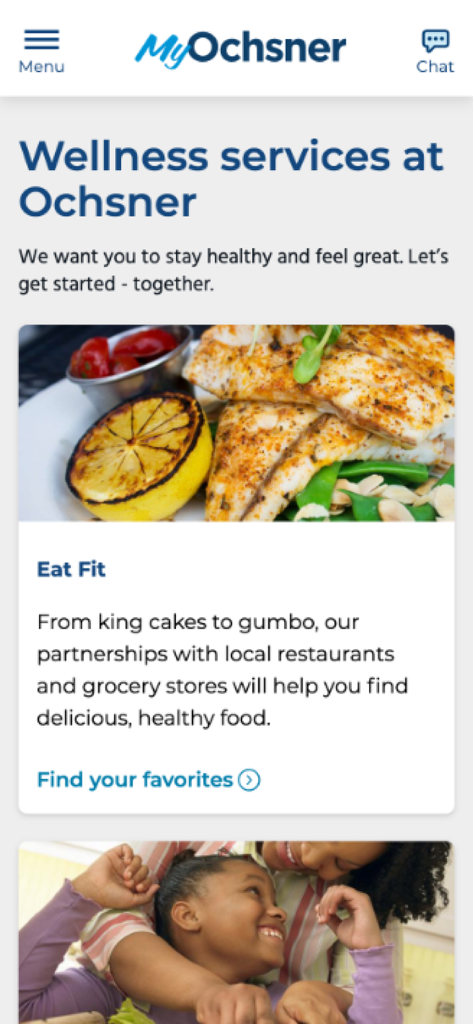 MyOchsner - MyOchsner app screen showcasing wellness services and the Eat Fit program for healthy local dining options