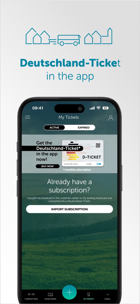 Wohin·Du·Willst - My Tickets screen in the Wohin Du Willst app featuring Deutschland-Ticket purchase and import options