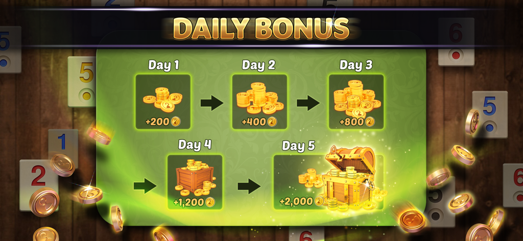 Daily bonus reward screen in the Okey tile game showing coin progression over five days.