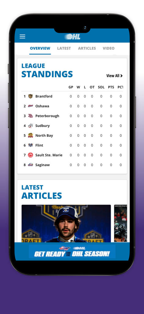 CHL mobile app interface showing OHL league standings and latest hockey articles