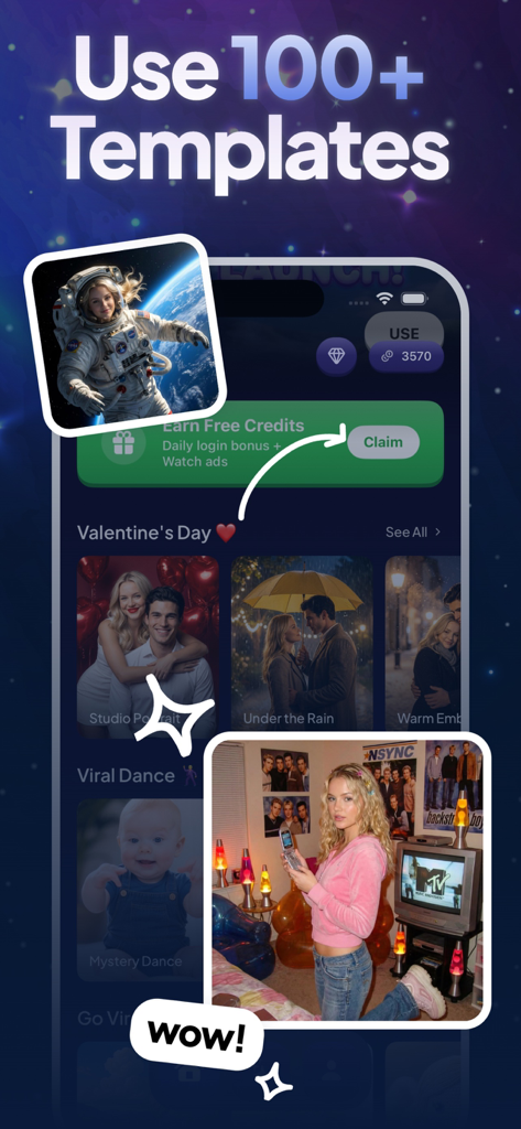 AI Video Generator: Vidzy - Interface of the Vidzy app showing a collection of over 100 viral AI video templates and a daily credit reward system