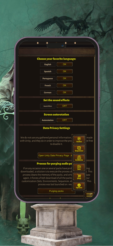 RPG Master Sounds Mixer - RPG Master Sounds Mixerアプリの設定メニュー。言語選択とオーディオトグルが表示されています。