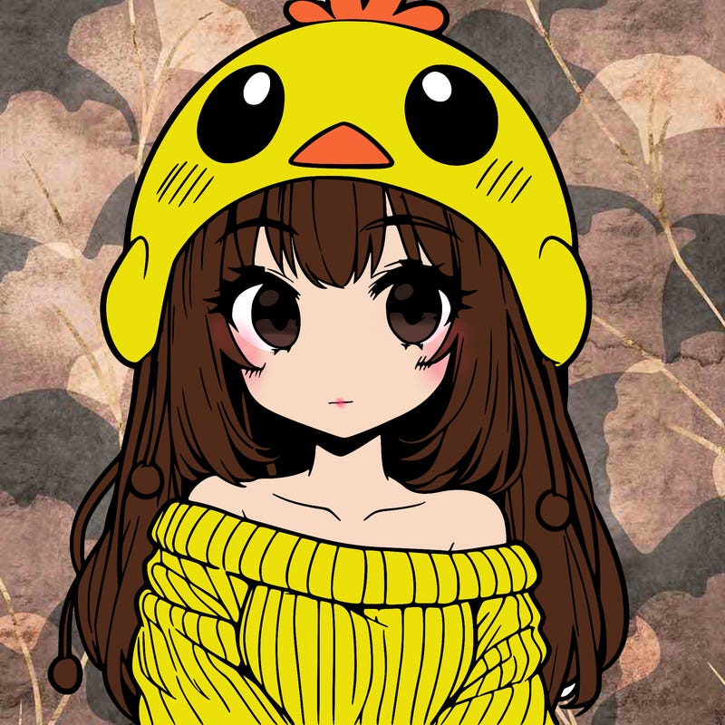 anime girl with chick shaped hat with sweater with bare shoulders with bangs covering them one eye with low tail