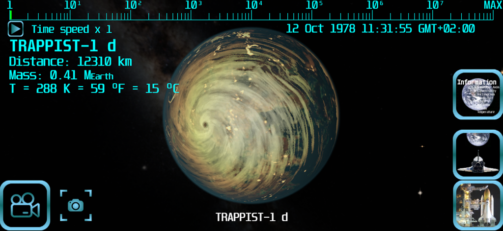 Realistische Simulation des Exoplaneten TRAPPIST-1 d mit einem riesigen Hurrikan und technischen Planetendaten in der Advanced Space Flight App.
