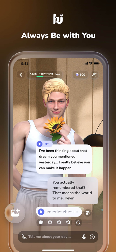 HiBae - Best AI Companion - A screenshot of the HiBae app featuring a 3D male avatar named Kevin holding a sunflower and engaging in an emotional chat conversation.