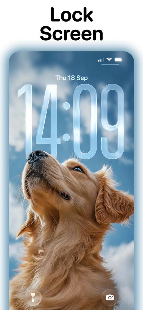 WallHub - Live Wallpapers - Pantalla de bloqueo de iPhone con un fondo de pantalla de un cachorro golden retriever.