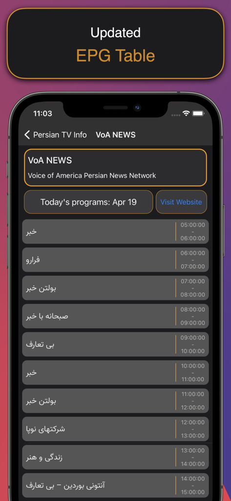 Farsi TV Info - Screenshot of Farsi TV Info app showing the electronic program guide for VoA News on an iPhone