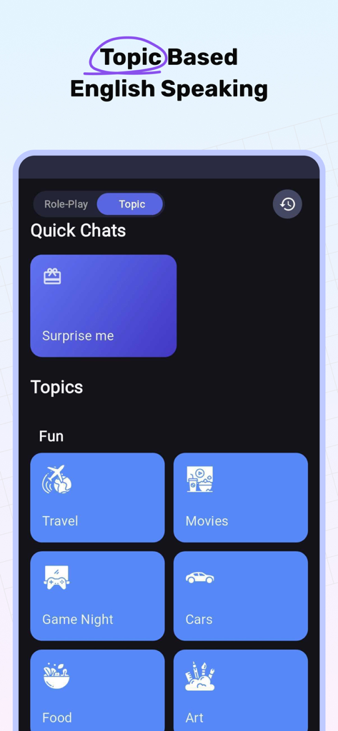 IELTS Speaking Assistant App - A screenshot of the IELTS Speaking Assistant app interface showing topic based English speaking categories like Travel, Movies, and Food