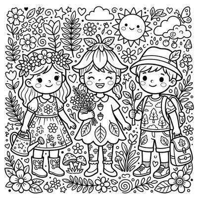 Dive into a charming world with our Kawaii Nature & Outdoors coloring page, showcasing adorable children enjoying the beauty of natural elements. This delightful scene, rendered in a super cute style, is perfect for sparking creativity and bringing vibrant colors to life.