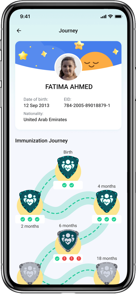 Digital immunization journey screen in the ALHOSN UAE app showing a vaccination timeline for a child