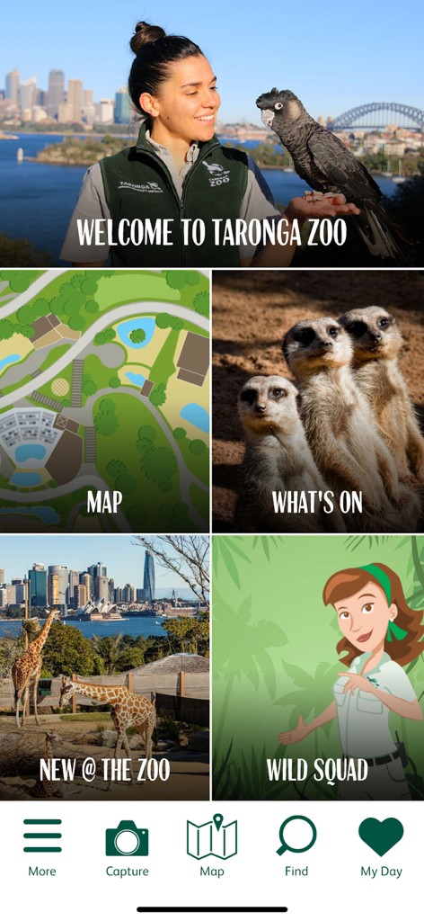 Taronga Zoo - Home screen of the Taronga Zoo app showing navigation tiles for map, events, new exhibits, and wild squad missions