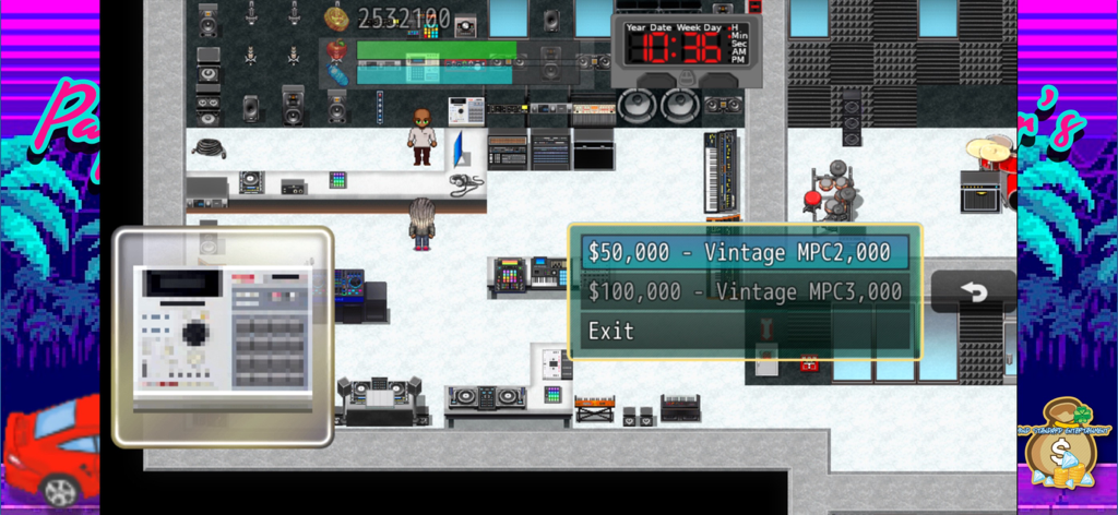 Top-down RPG gameplay of a music studio interior showing a menu to purchase vintage music production equipment