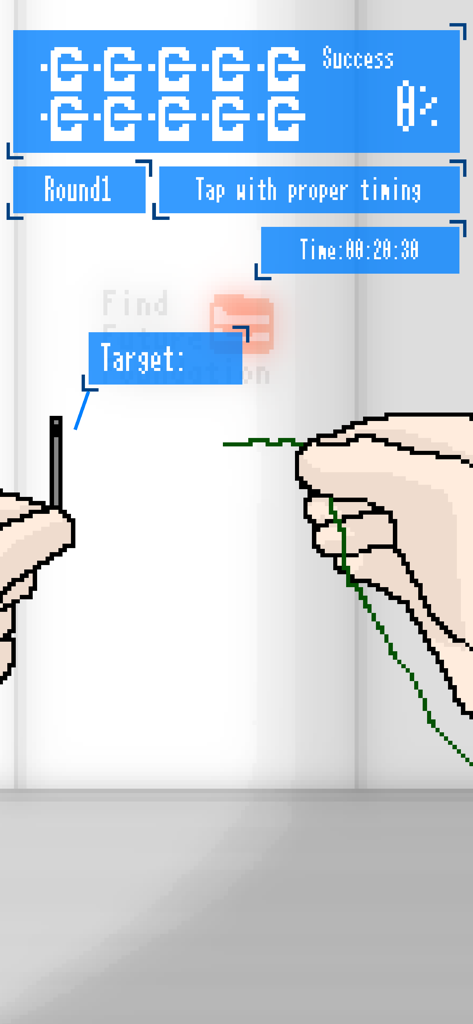 Parasite Days - Pixel art interface of a mini game in Parasite Days showing hands holding a needle and green thread with timing instructions