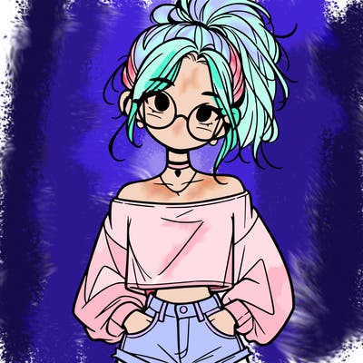 girl with a messy ponytail glasses a baggy crop top and jean shorts