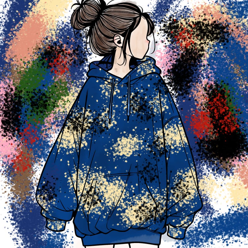 realistic girl with a oversized sweatshirt on and a bun