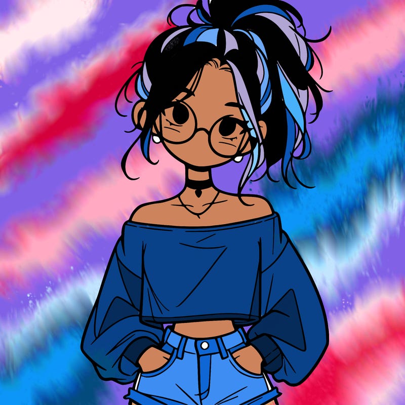 girl with a messy ponytail glasses a baggy crop top and jean shorts