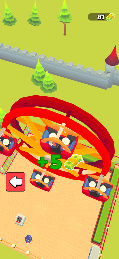 Joy Land! - Une grande roue rouge et jaune dans le jeu Joy Land montrant les récompenses en espèces gagnées au-dessus du manège