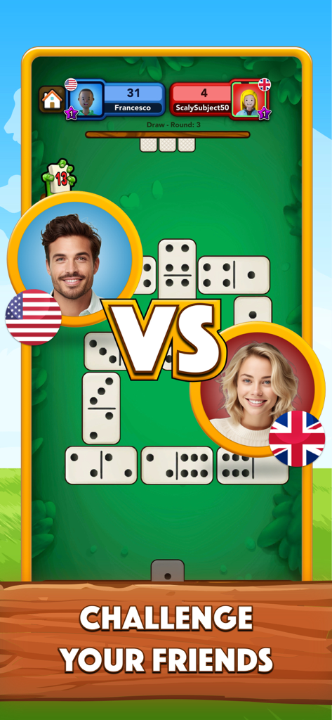 Dominoes Game - Domino Online - A screenshot of an online dominoes game featuring a multiplayer match and the slogan challenge your friends