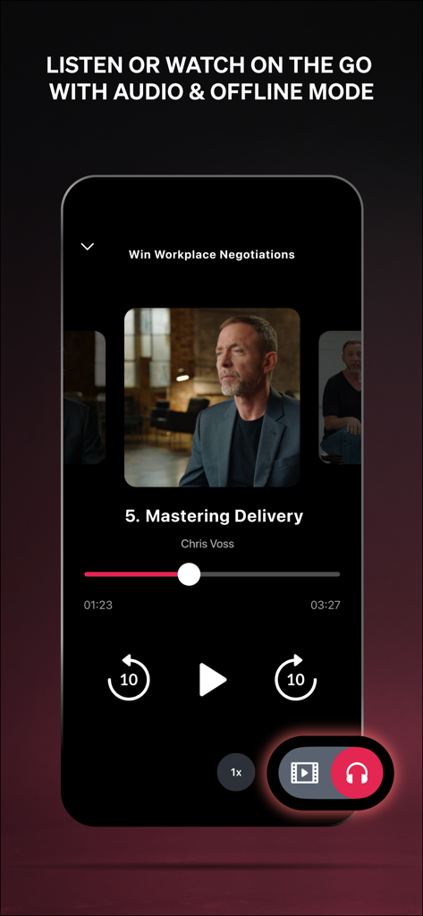 MasterClass: Online Classes - Smartphone screen showing the MasterClass audio mode interface for a lesson by Chris Voss