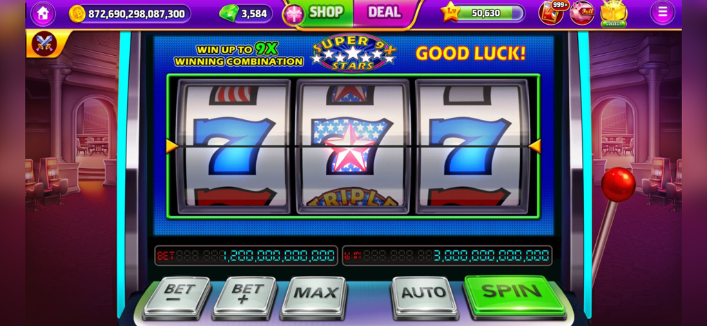 Bravo Classic Slots:777 Slots - Classic 777 slot machine game interface with stars and stripes theme