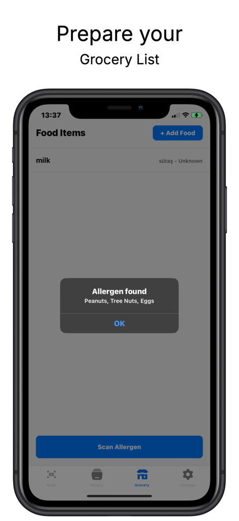 Allergen Scanner: Food Check - Un teléfono móvil que muestra la pantalla de la lista de la compra de la aplicación Escáner de Alérgenos con una alerta emergente que advierte de alérgenos encontrados como cacahuetes y frutos secos.