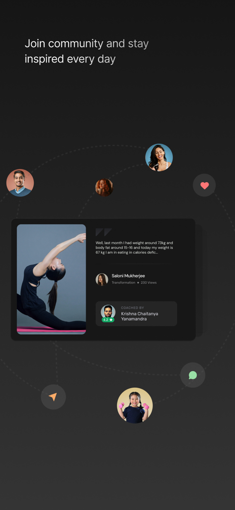 A screen from the FITTR app showing a community transformation story with coach details and social engagement icons.