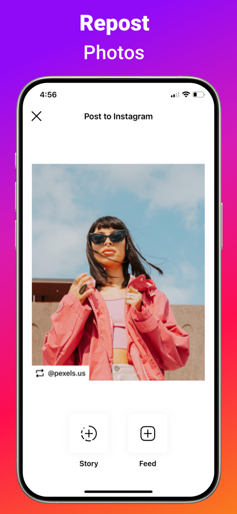 Interface of InstSave app showing a photo being prepared for reposting to an Instagram story or feed