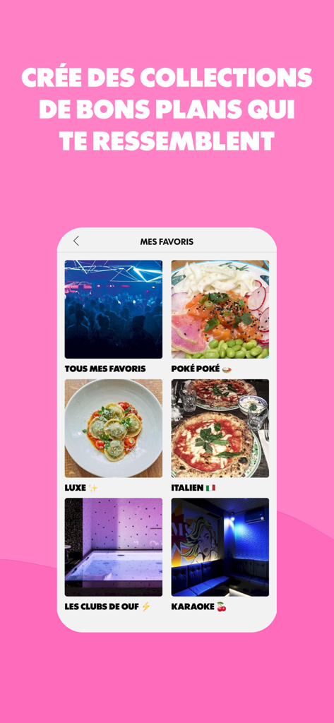 Le Bonbon - お気に入りのセクションの下にある、レストラン、クラブ、カラオケスポットを含む厳選されたコレクションのグリッドを表示するモバイルアプリの画面。